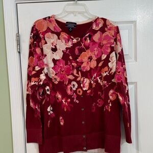 Lands' End Women's Floral Cardigan - Burgundy and Pink, size 1X